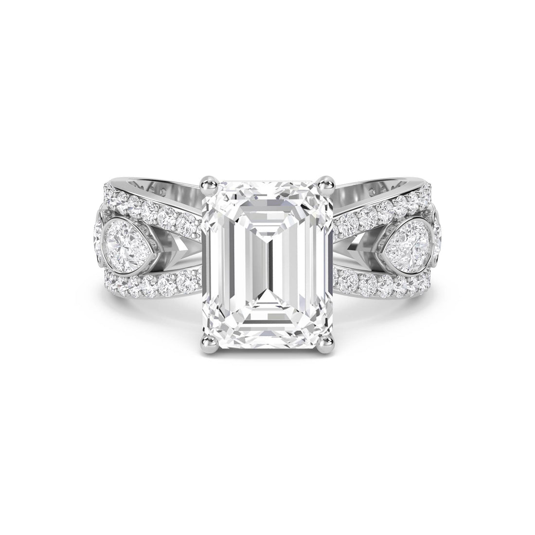 Emerald Cut Lab Grown Diamond Ring with Pear Side Stones (Silver)
