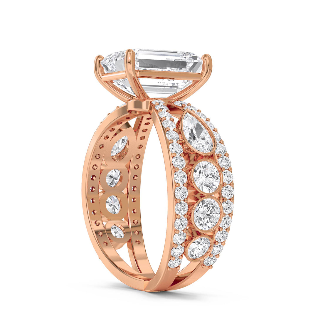 Emerald Cut Lab Grown Diamond Ring with Pear Side Stones