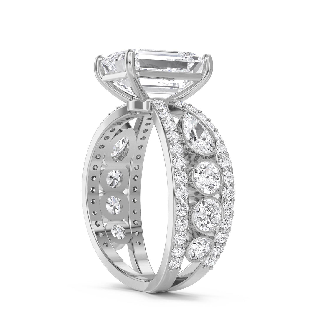 Emerald Cut Lab Grown Diamond Ring with Pear Side Stones (Silver)