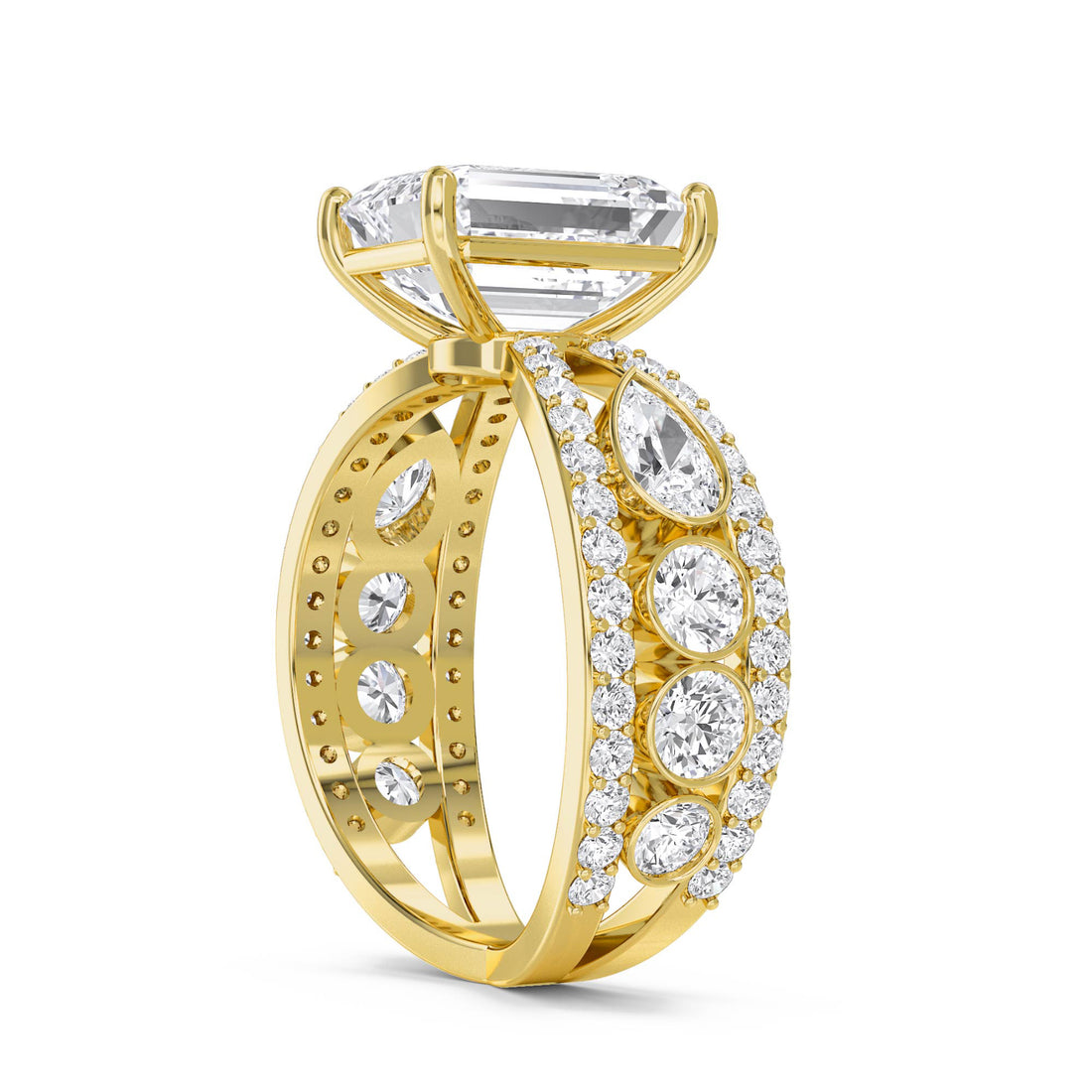 Emerald Cut Lab Grown Diamond Ring with Pear Side Stones