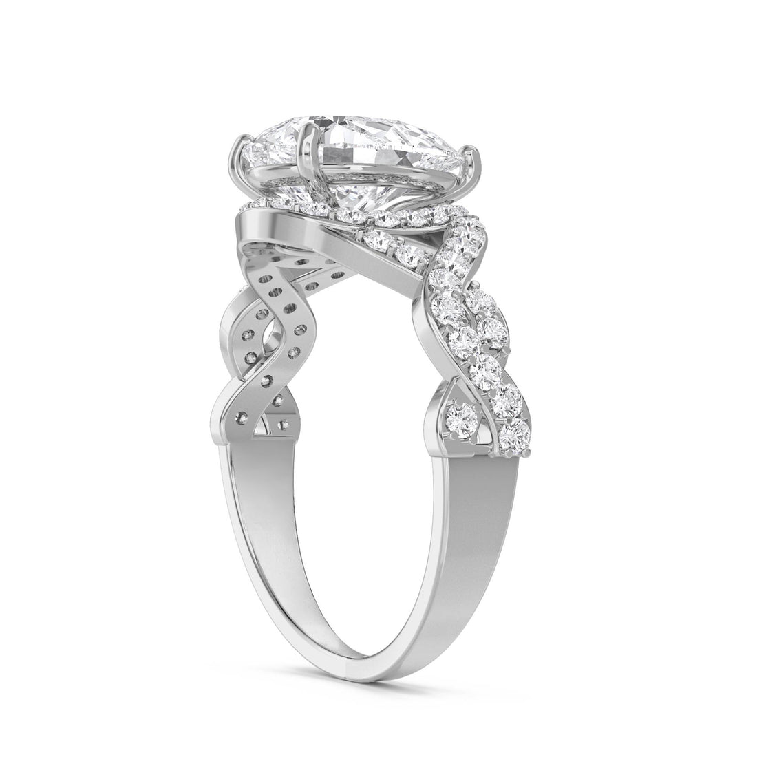 Pear Shaped Lab Grown Diamond Halo Ring with Twist Band (Silver)