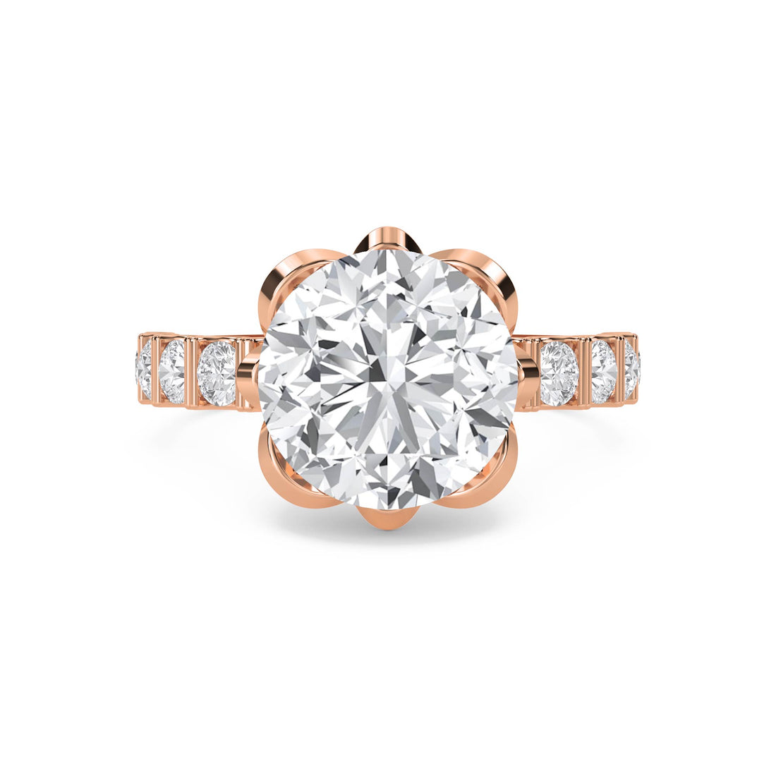 Round Lab Grown Diamond Ring with Scalloped Flower Halo