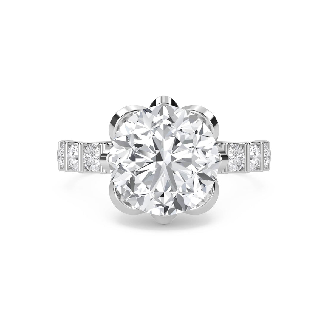Round Lab Grown Diamond Ring with Scalloped Flower Halo (Silver)