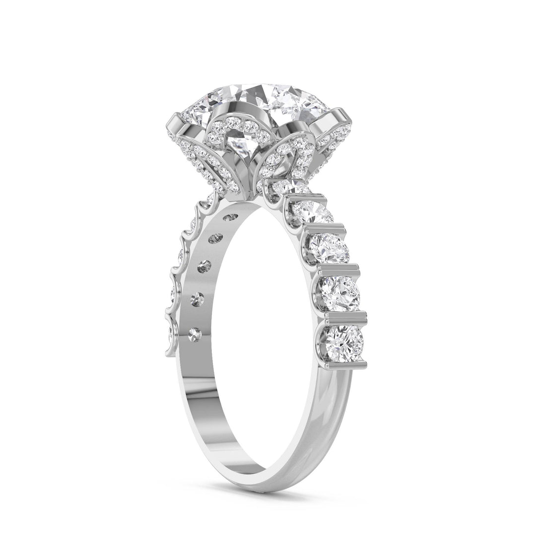 Round Lab Grown Diamond Ring with Scalloped Flower Halo (Silver)