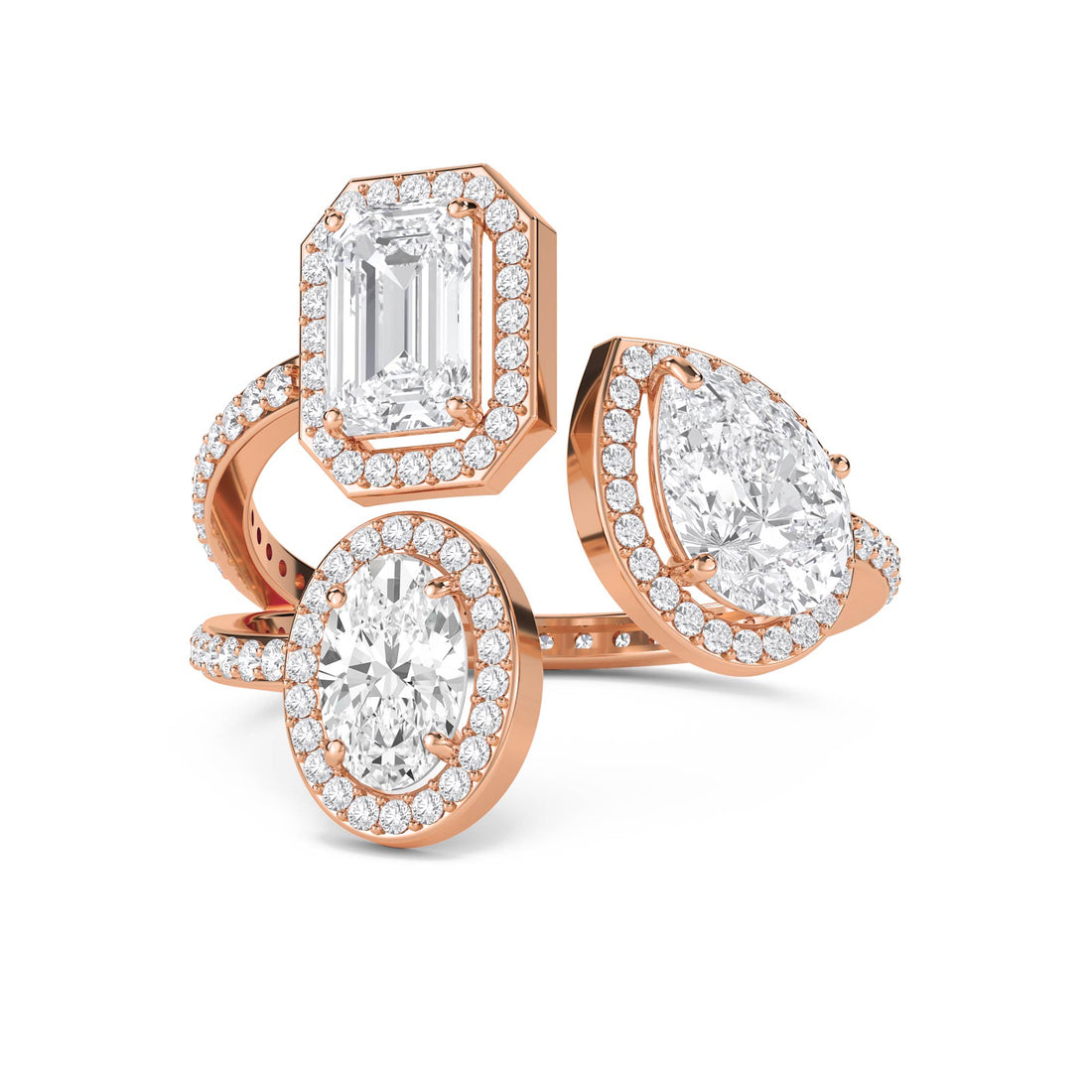 Three-Ring Diamond Halo Stack Set: Emerald, Pear & Oval