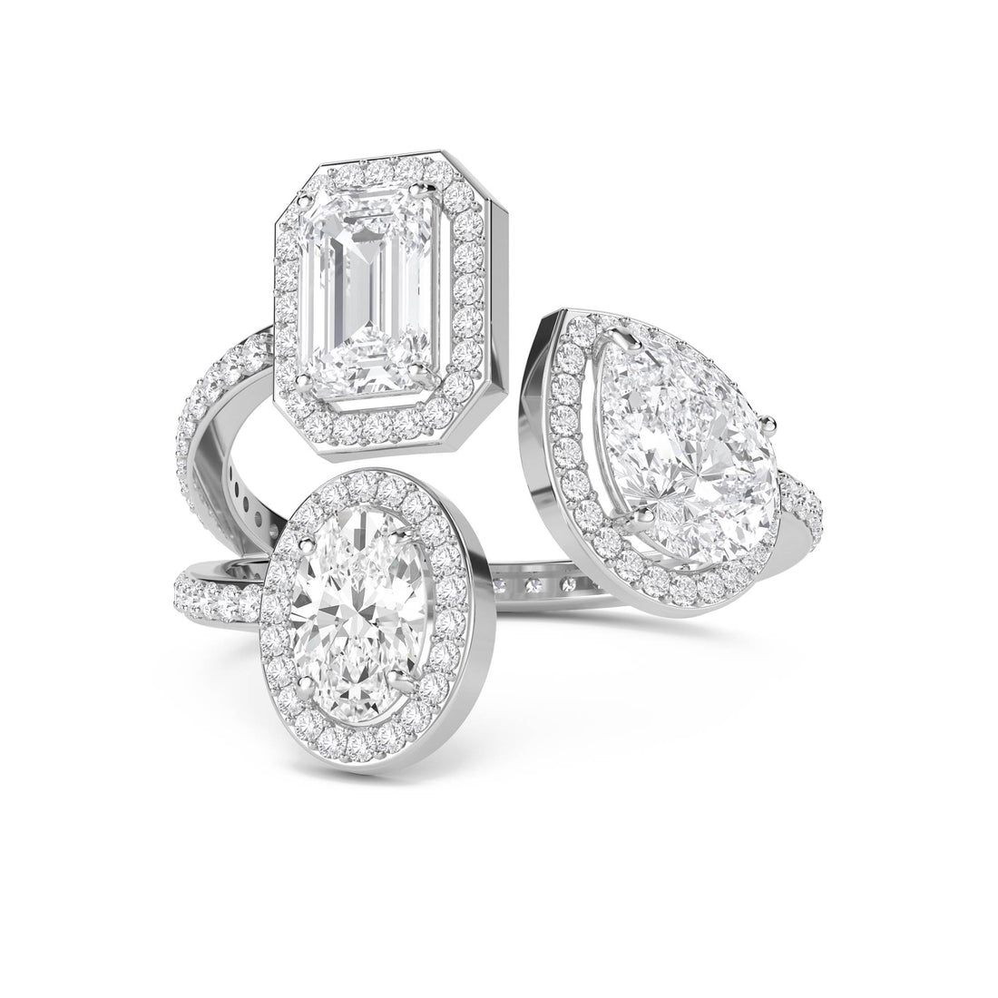Three-Ring Diamond Halo Stack Set: Emerald, Pear & Oval (Silver)