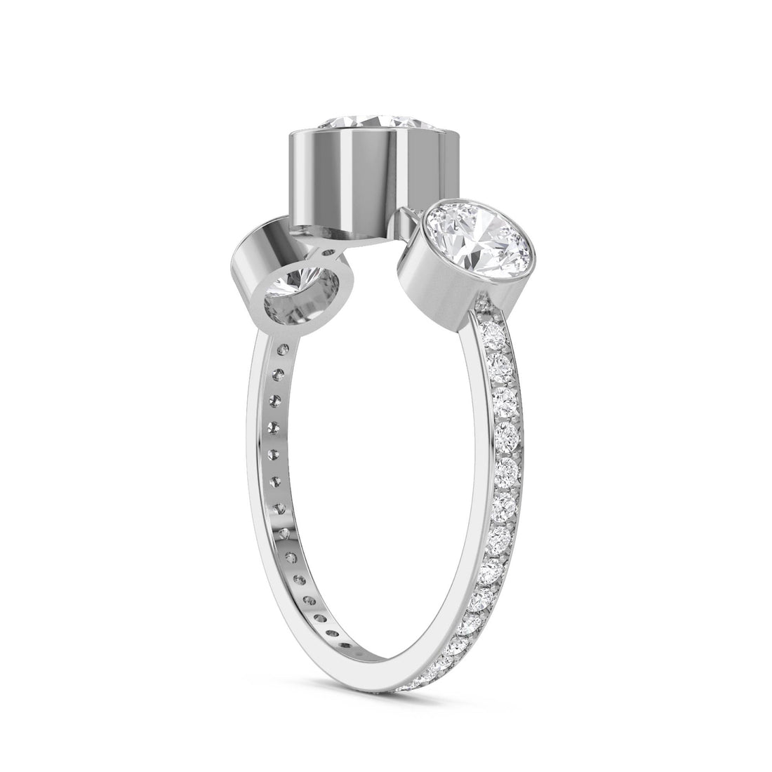 Round Lab Grown Diamond Three Stone Bezel Ring (Silver)