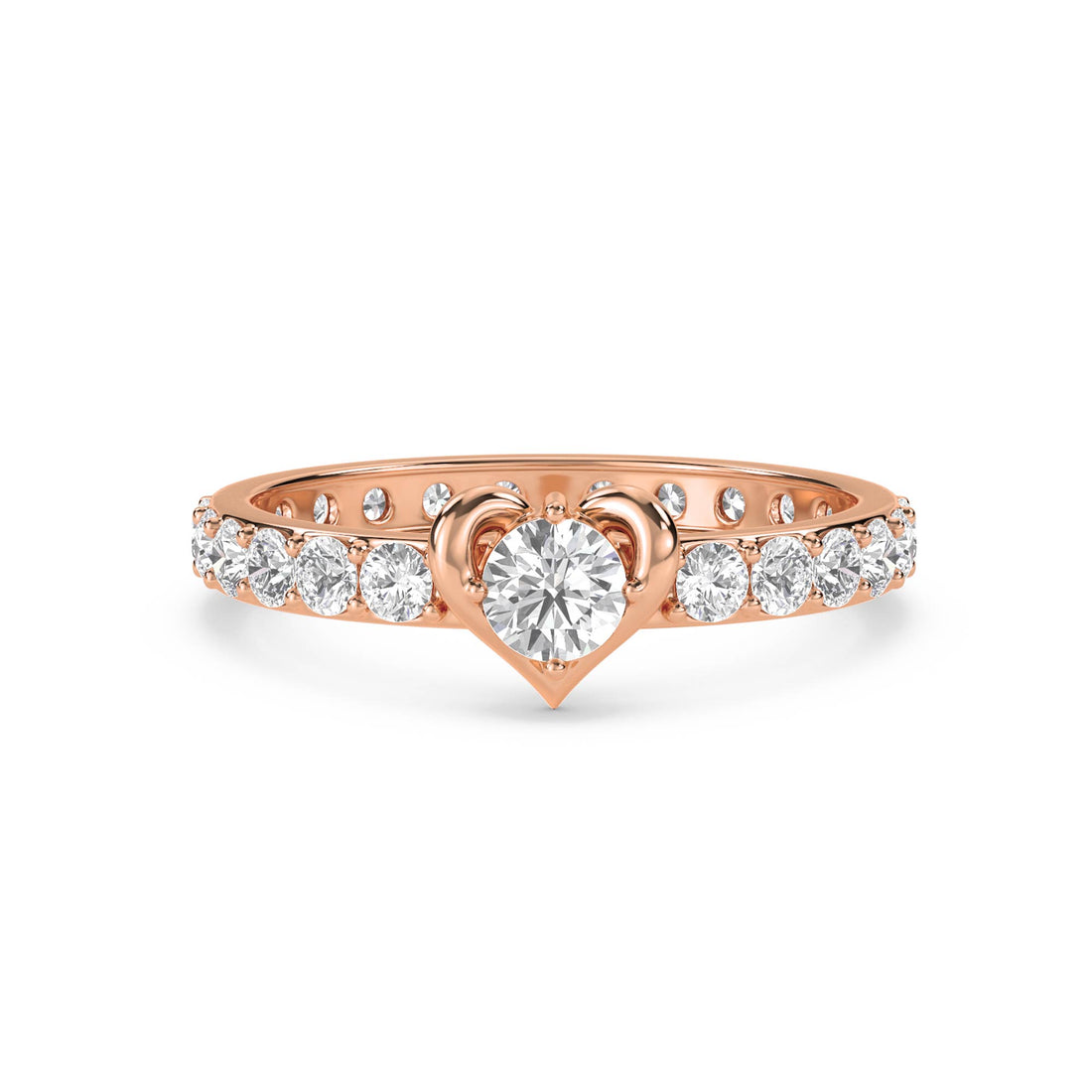 Diamond Ring with Heart-Shaped Setting and Pavé Band - Rose Gold - Pose 1