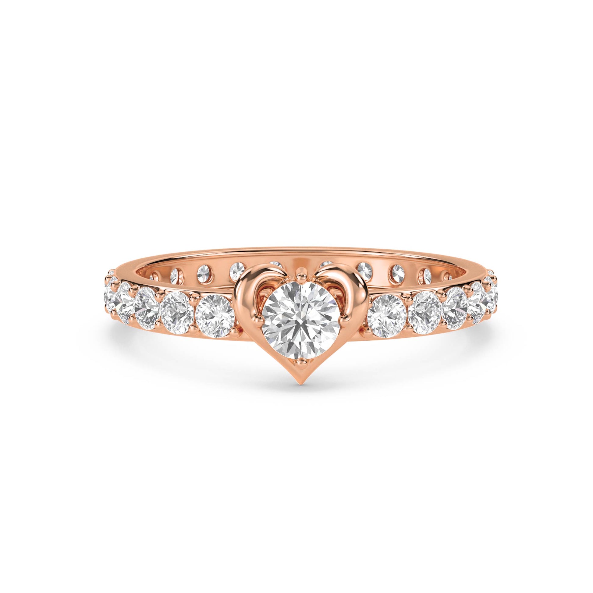 Diamond Ring with Heart-Shaped Setting and Pavé Band - Rose Gold - Pose 1