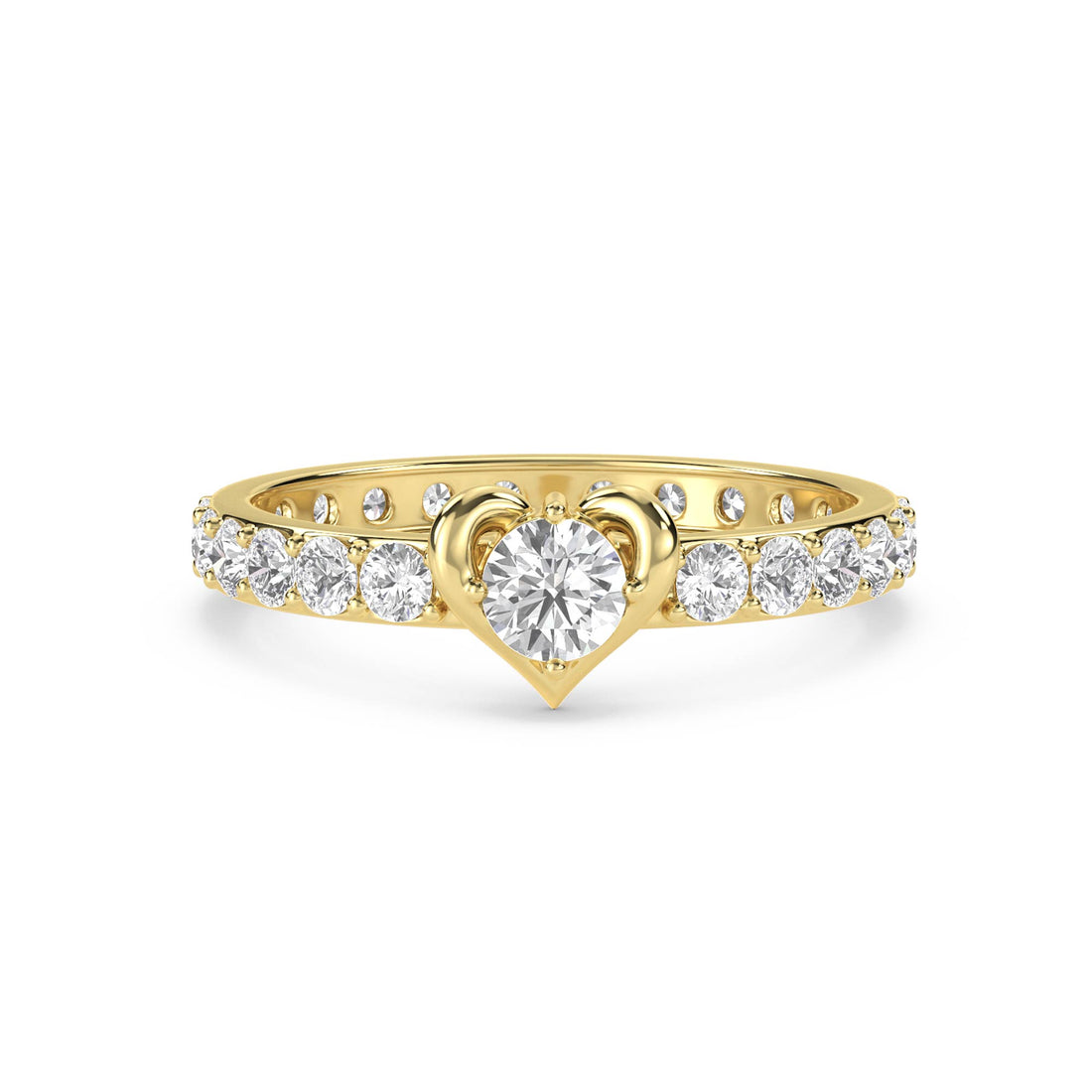 Diamond Ring with Heart-Shaped Setting and Pavé Band - Yellow Gold - Pose 1
