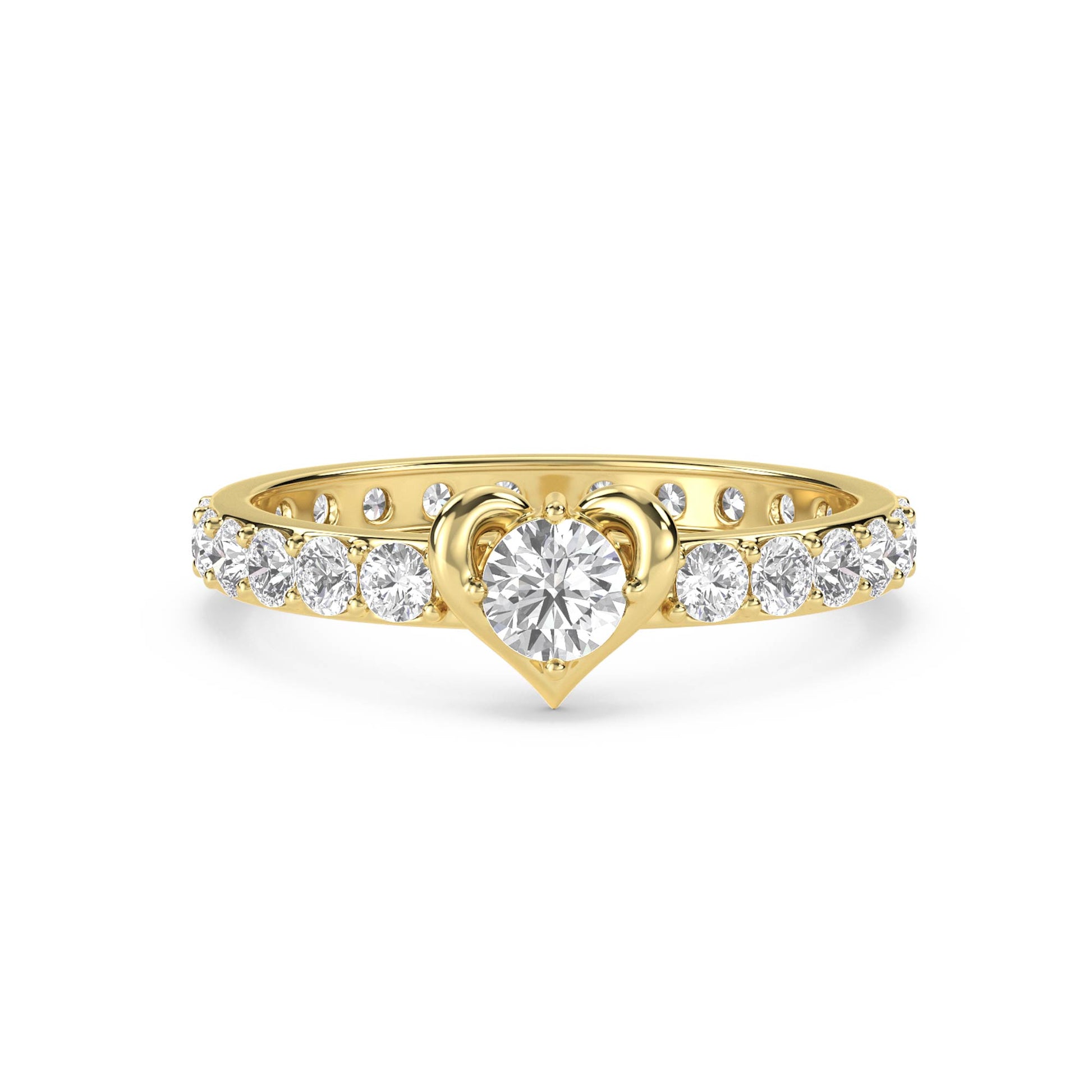 Diamond Ring with Heart-Shaped Setting and Pavé Band - Yellow Gold - Pose 1