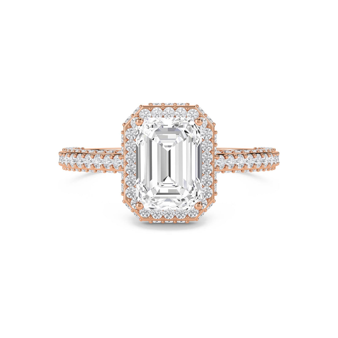 Emerald Cut Lab Grown Diamond Halo Ring with Pavé Band