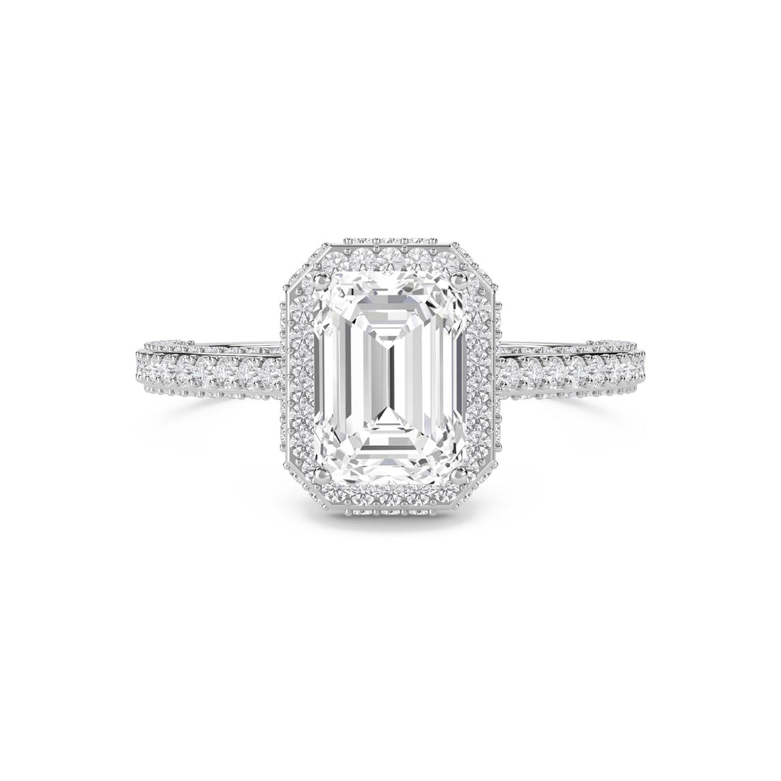 Emerald Cut Lab Grown Diamond Halo Ring with Pavé Band
