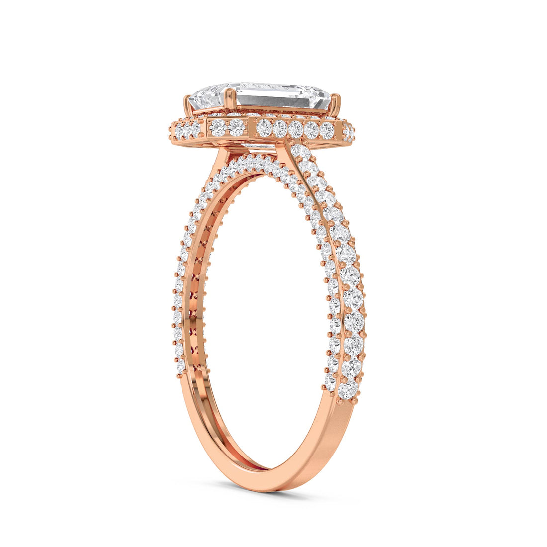 Emerald Cut Lab Grown Diamond Halo Ring with Pavé Band