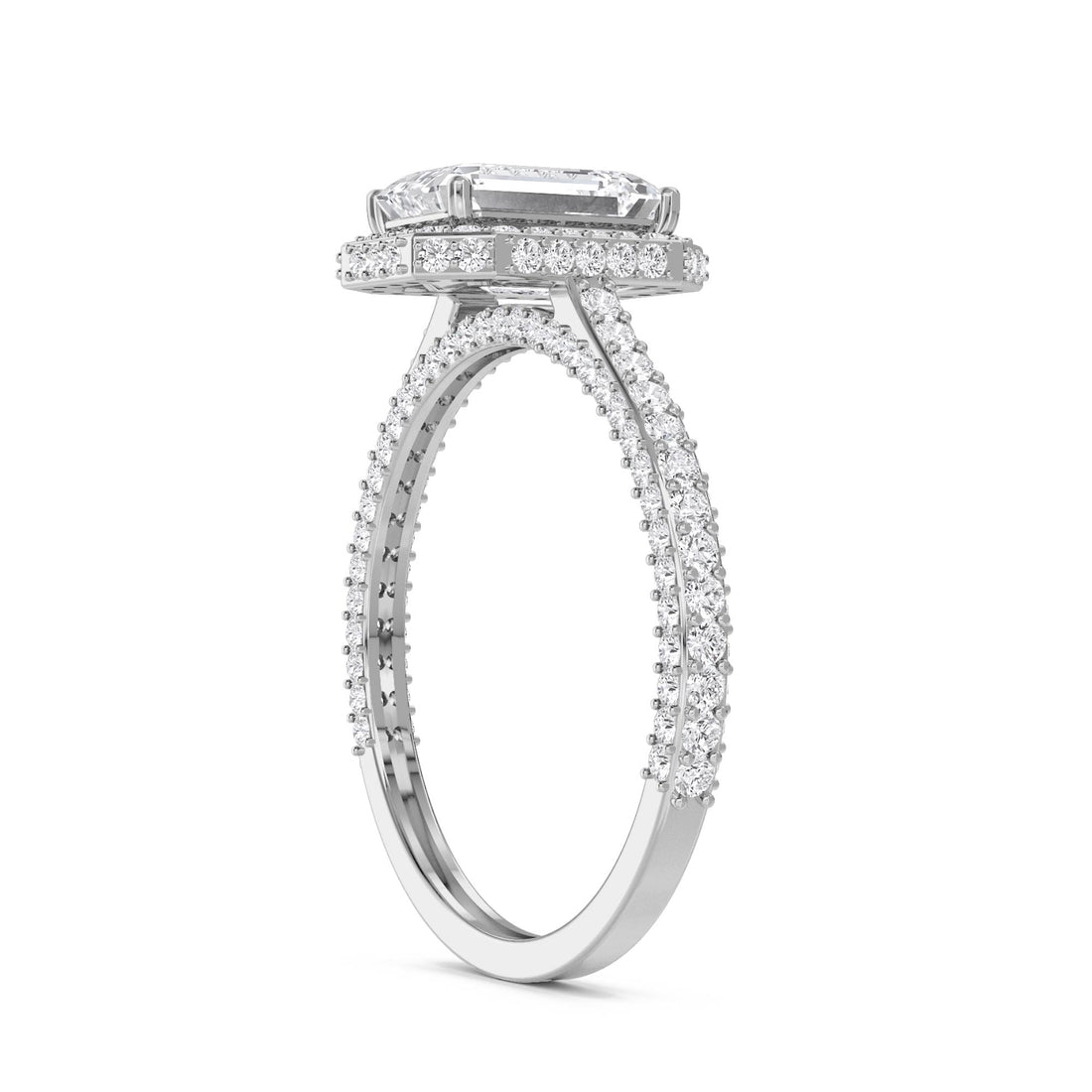 Emerald Cut Lab Grown Diamond Halo Ring with Pavé Band (Silver)