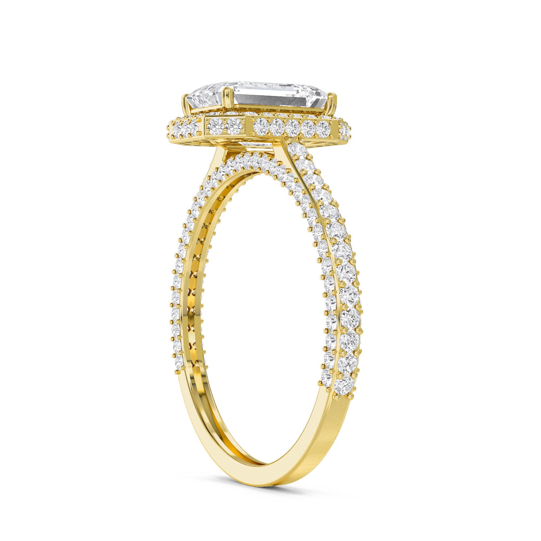 Emerald Cut Lab Grown Diamond Halo Ring with Pavé Band