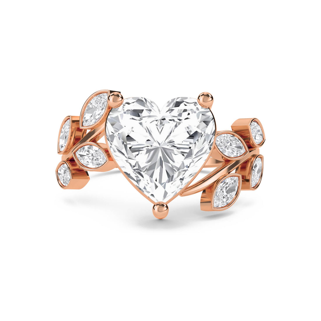 Heart Shaped Lab Grown Diamond Ring with Marquise Leaf Cluster