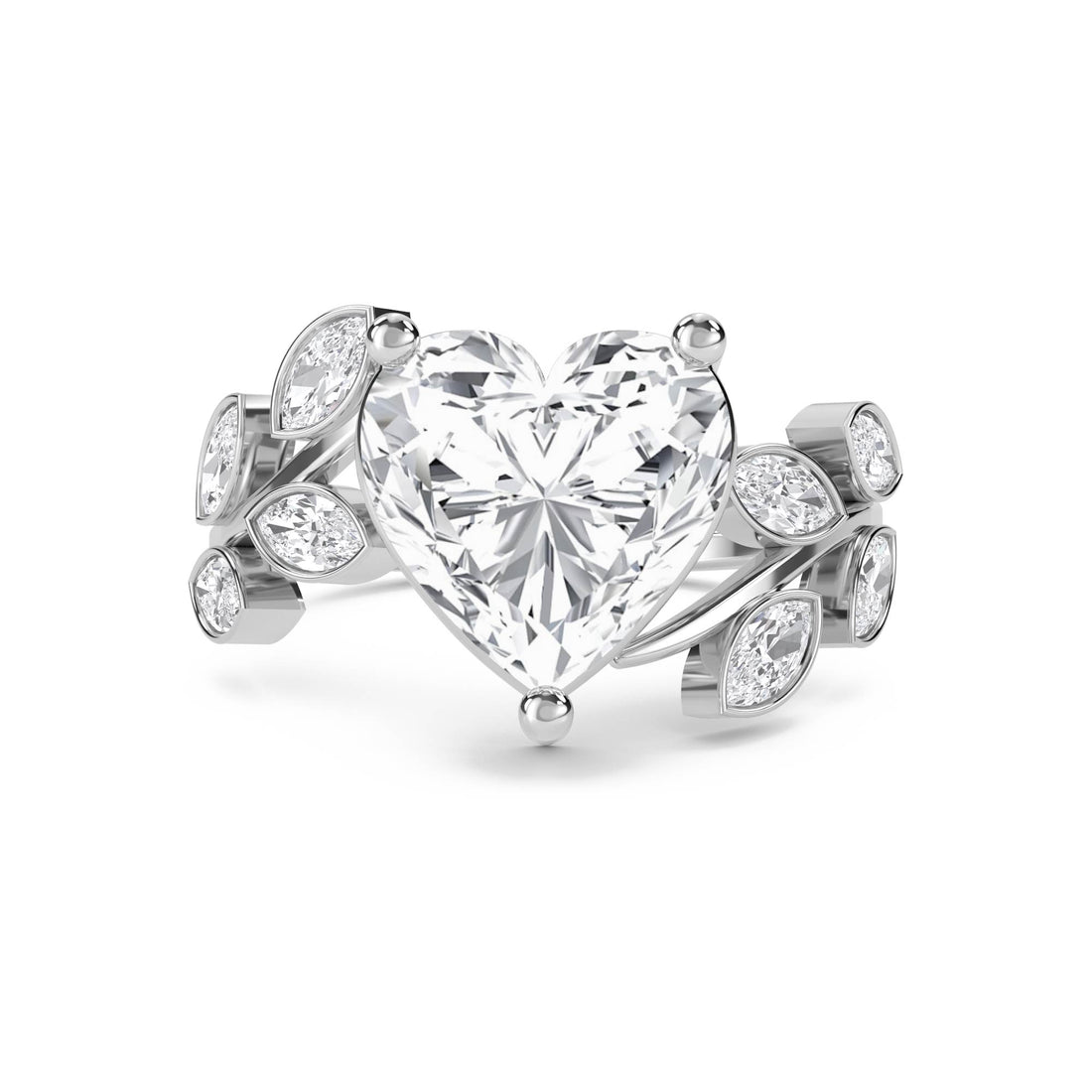 Heart Shaped Lab Grown Diamond Ring with Marquise Leaf Cluster (Silver)