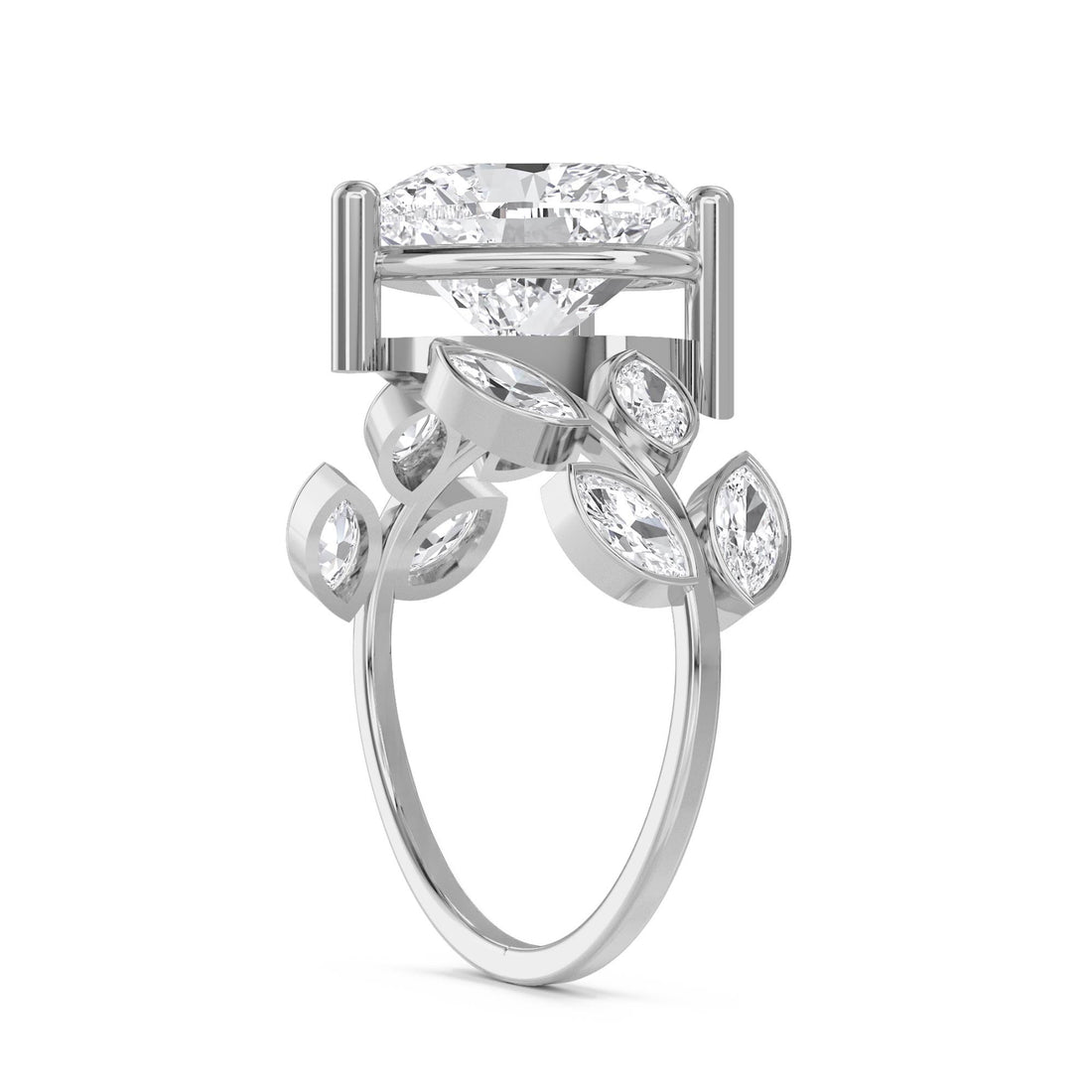Heart Shaped Lab Grown Diamond Ring with Marquise Leaf Cluster (Silver)