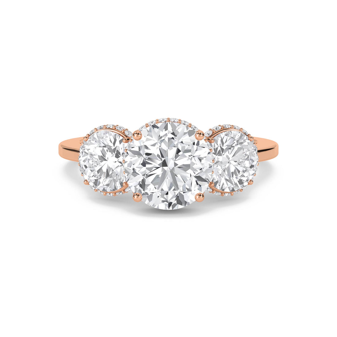 Round Lab Grown Diamond Three Stone Ring with Cushion Halos