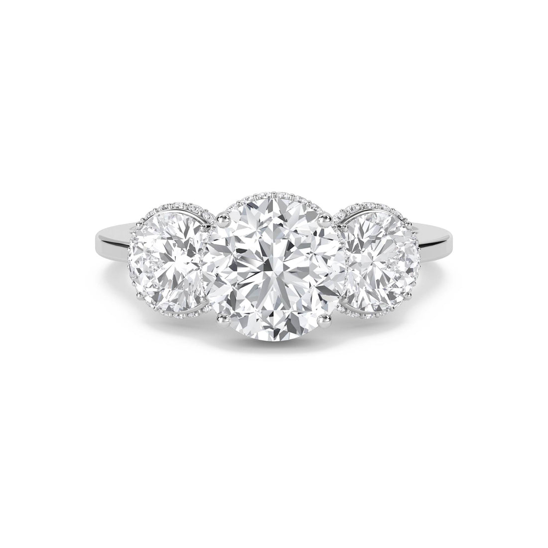 Round Lab Grown Diamond Three Stone Ring with Cushion Halos (Silver)