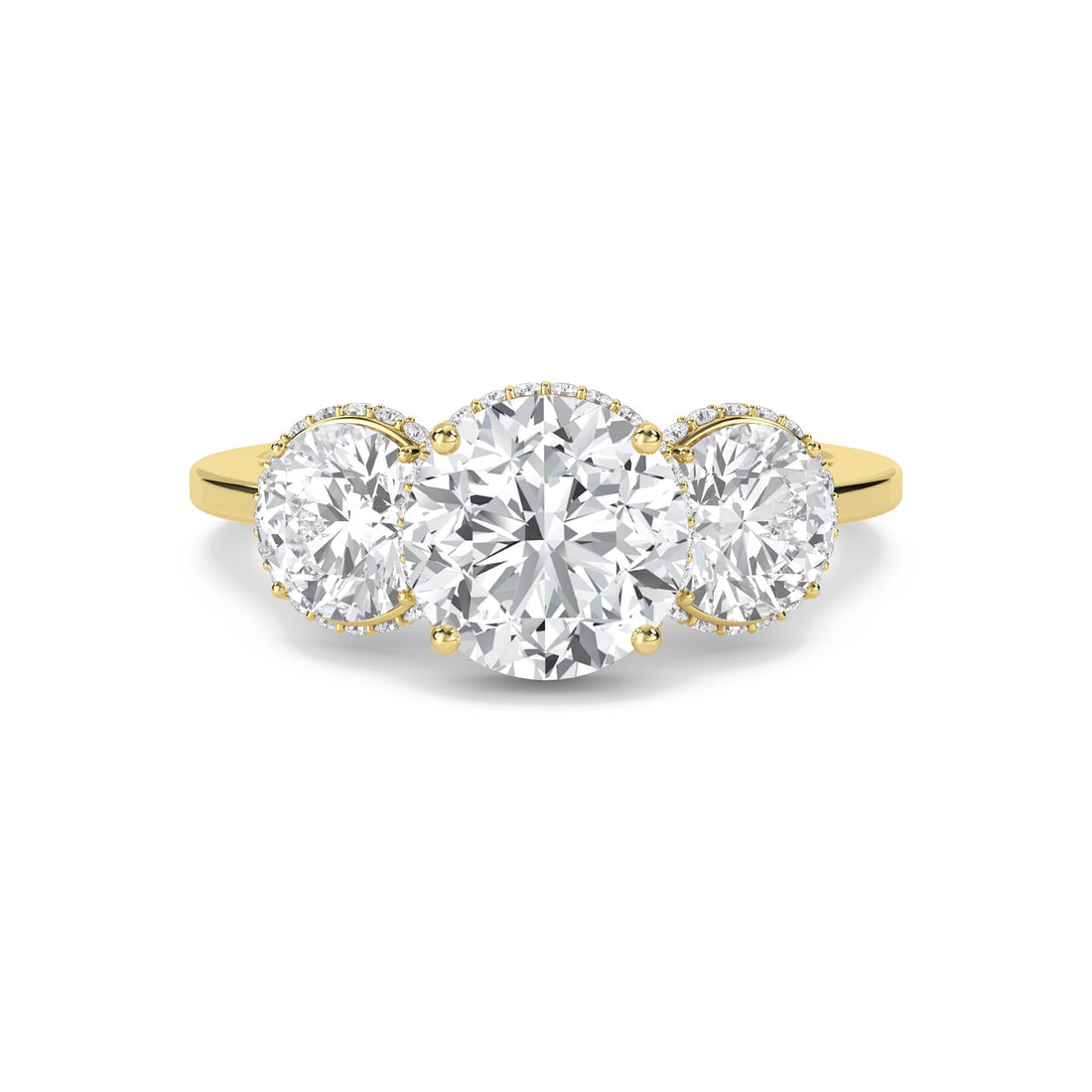 Round Lab Grown Diamond Three Stone Ring with Cushion Halos - image 1