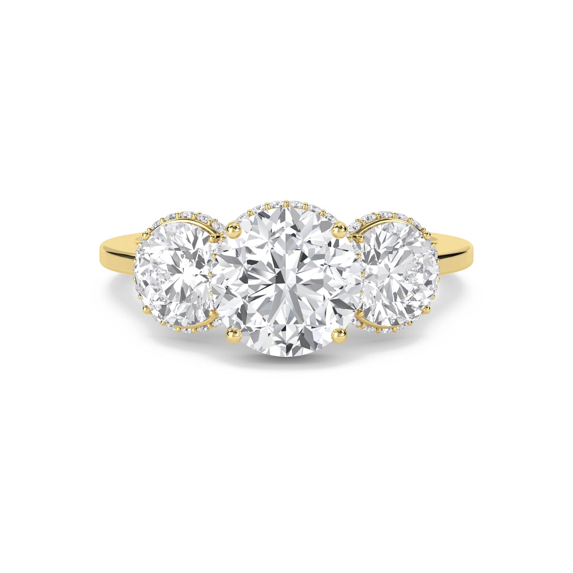 Round Lab Grown Diamond Three Stone Ring with Cushion Halos - image 1