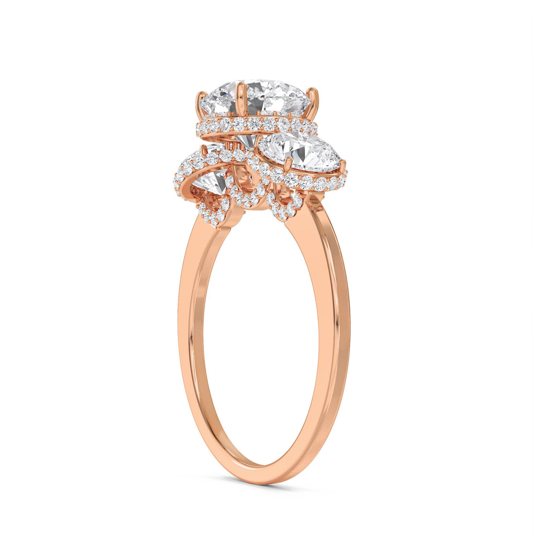 Round Lab Grown Diamond Three Stone Ring with Cushion Halos
