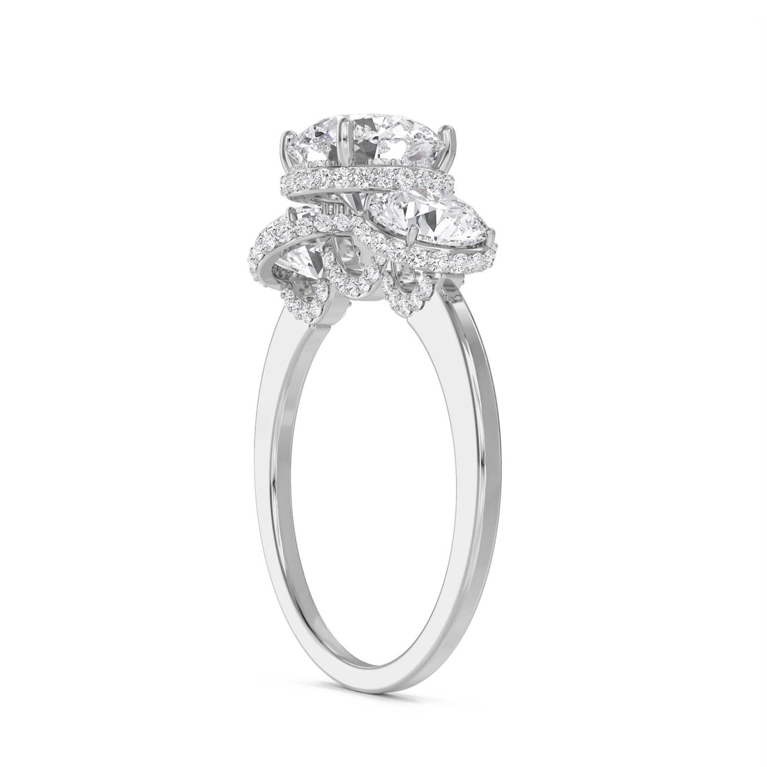Round Lab Grown Diamond Three Stone Ring with Cushion Halos (Silver)