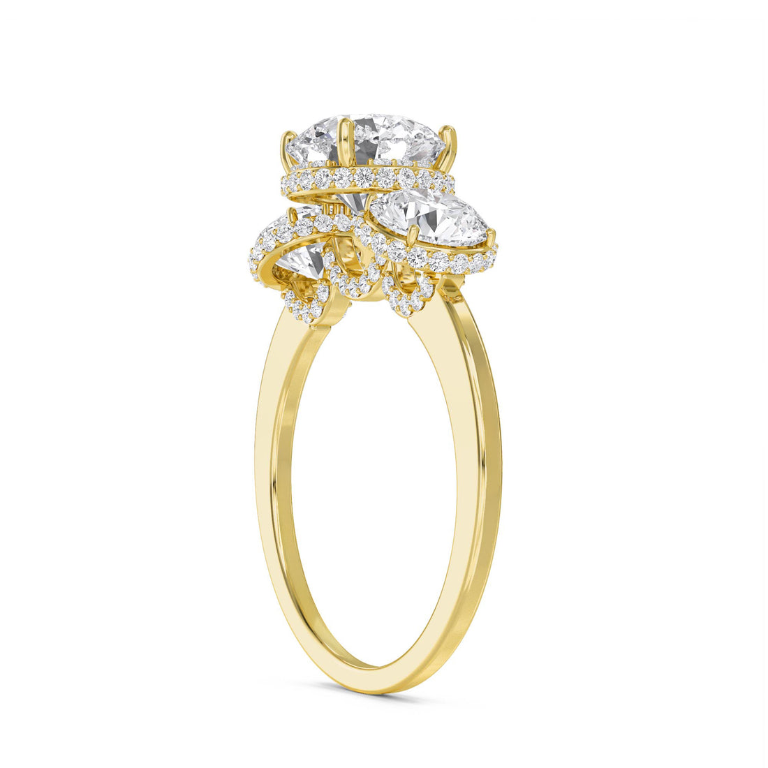 Round Lab Grown Diamond Three Stone Ring with Cushion Halos