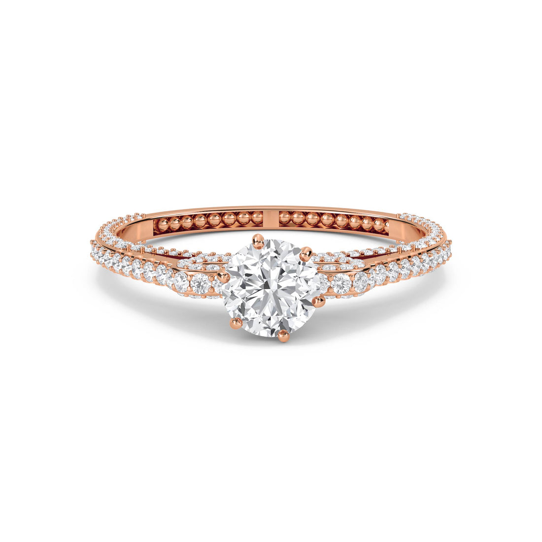Round Solitaire Diamond Ring with Twisted Pavé Band - Rose Gold - Pose 1
