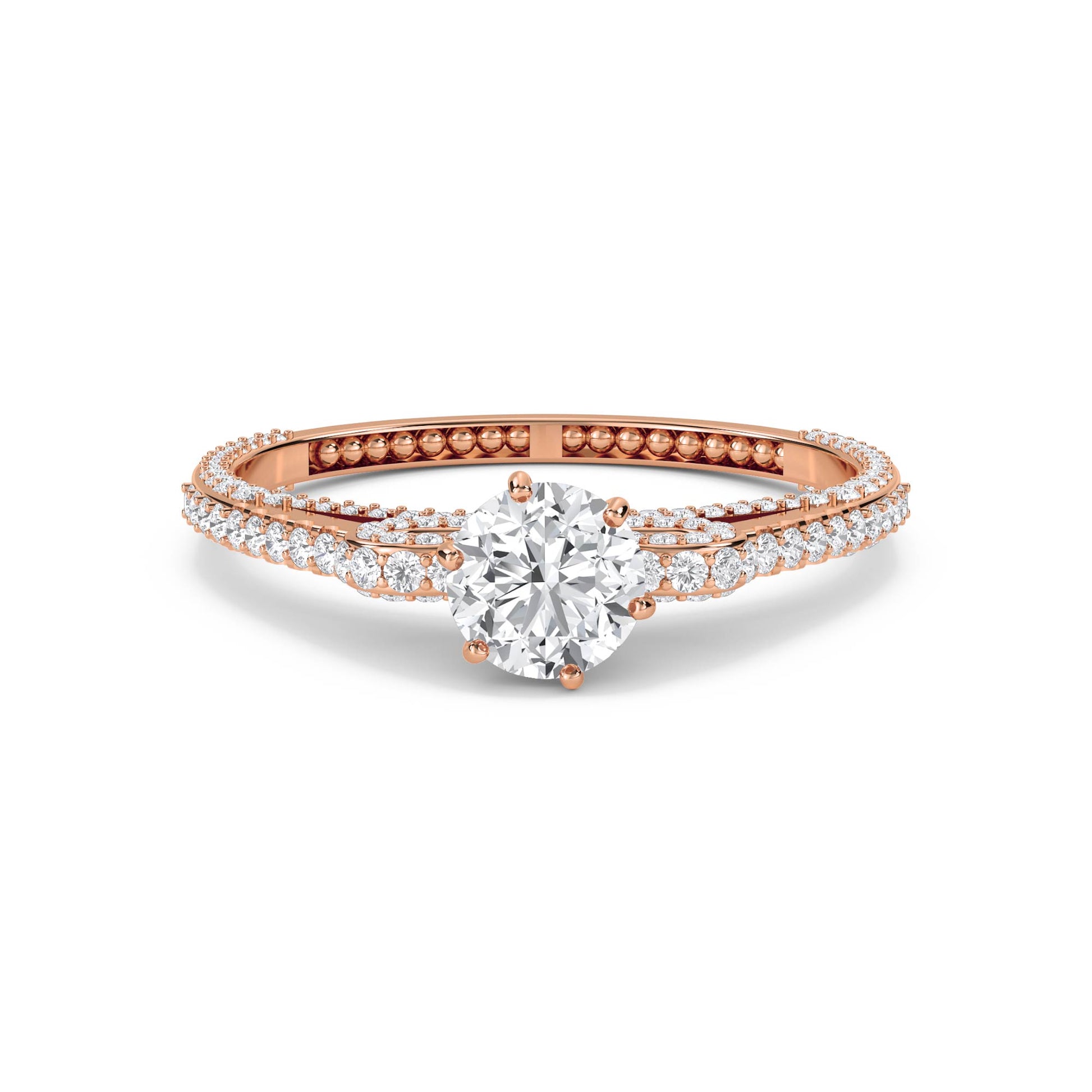 Round Solitaire Diamond Ring with Twisted Pavé Band - Rose Gold - Pose 1