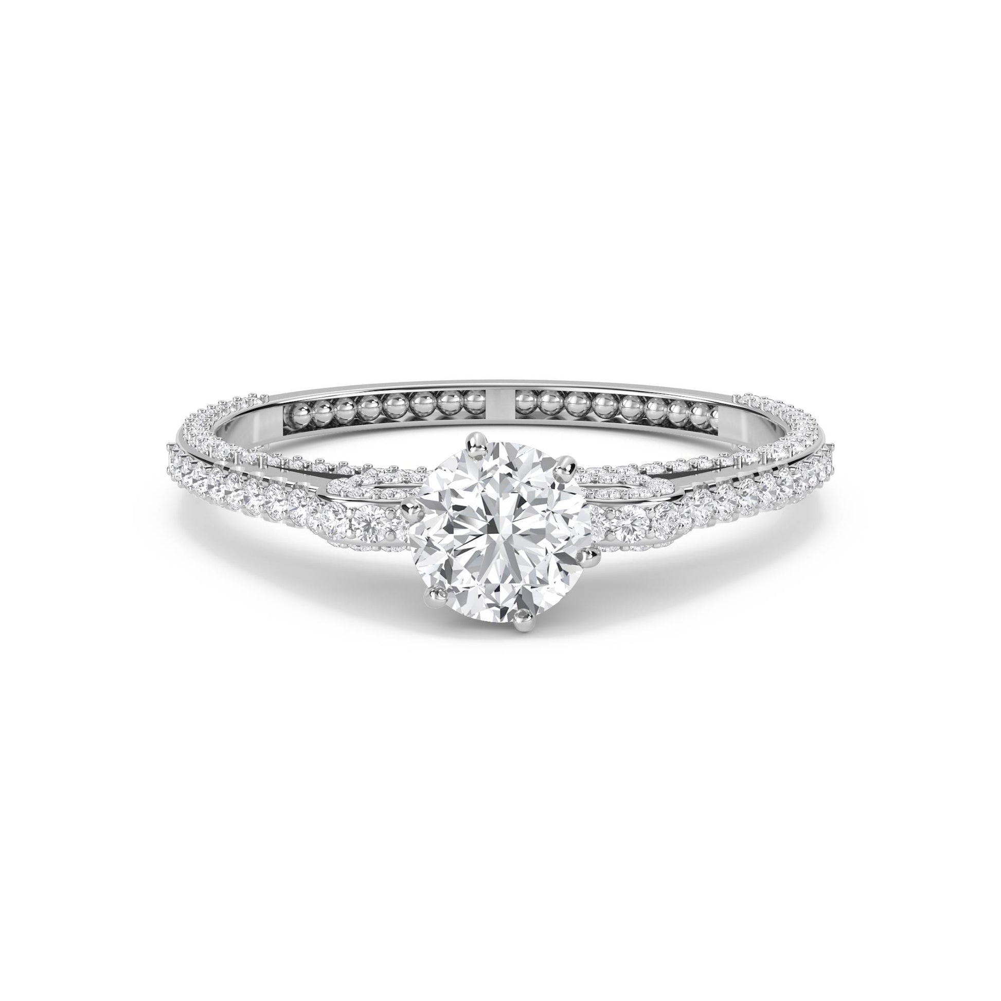 Round Solitaire Diamond Ring with Twisted Pavé Band - White Gold - Pose 1
