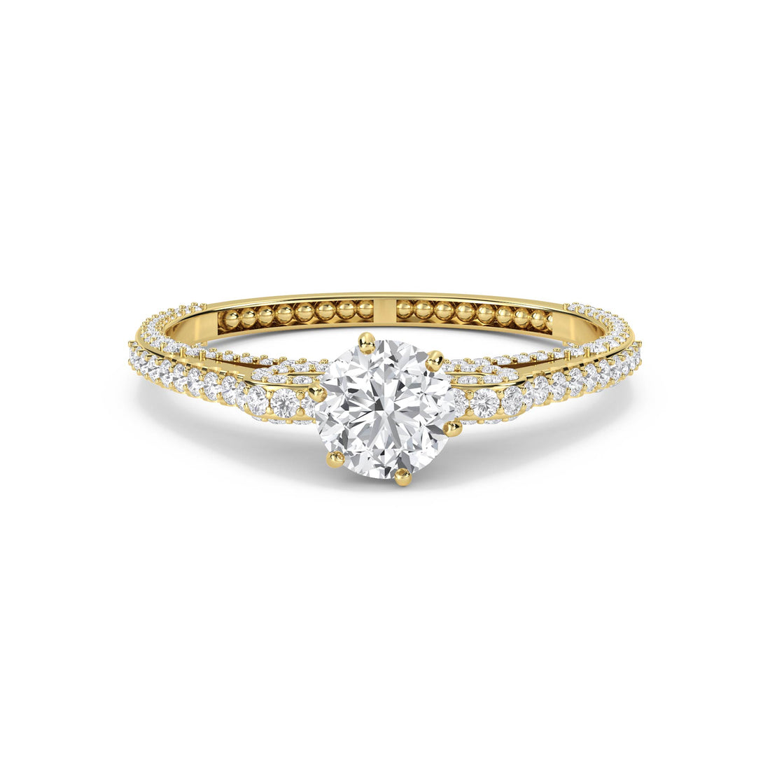 Round Solitaire Diamond Ring with Twisted Pavé Band - Yellow Gold - Pose 1
