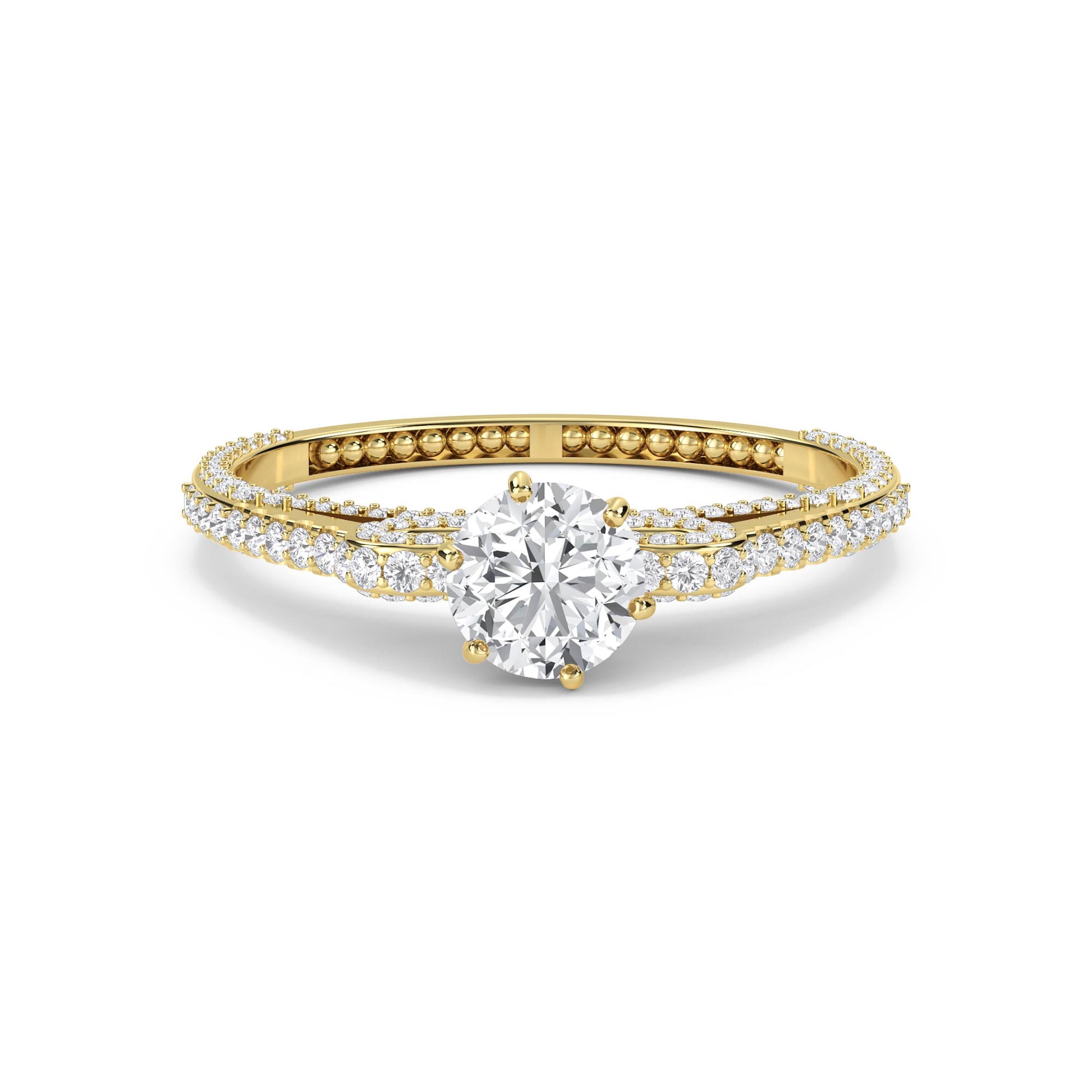 Round Solitaire Diamond Ring with Twisted Pavé Band - Yellow Gold - Pose 1