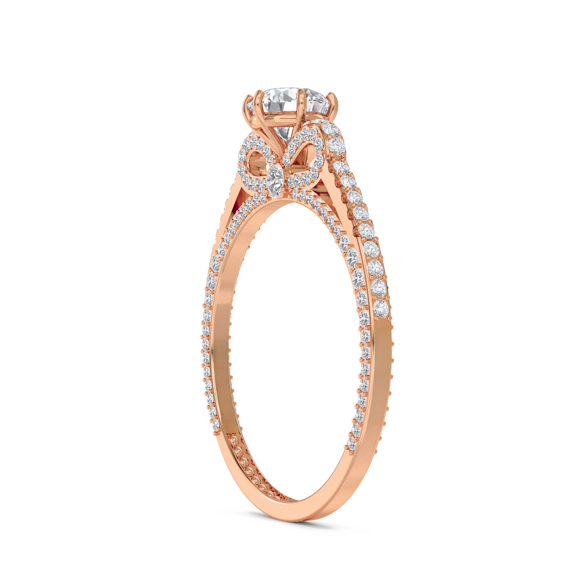 Round Solitaire Diamond Ring with Twisted Pavé Band - Rose Gold - Pose 2