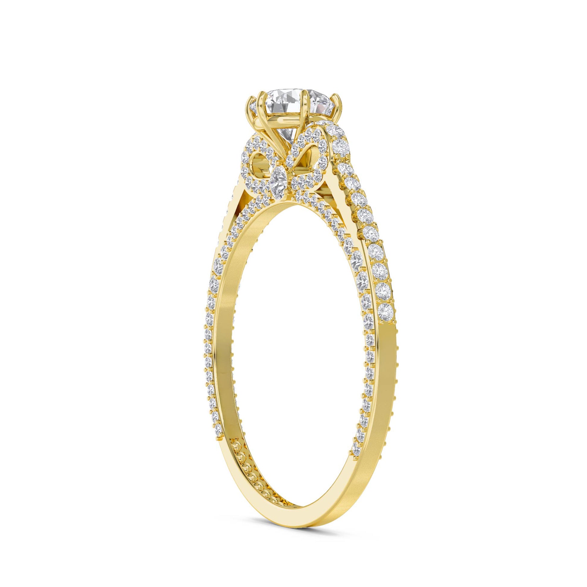 Round Solitaire Diamond Ring with Twisted Pavé Band - Yellow Gold - Pose 2