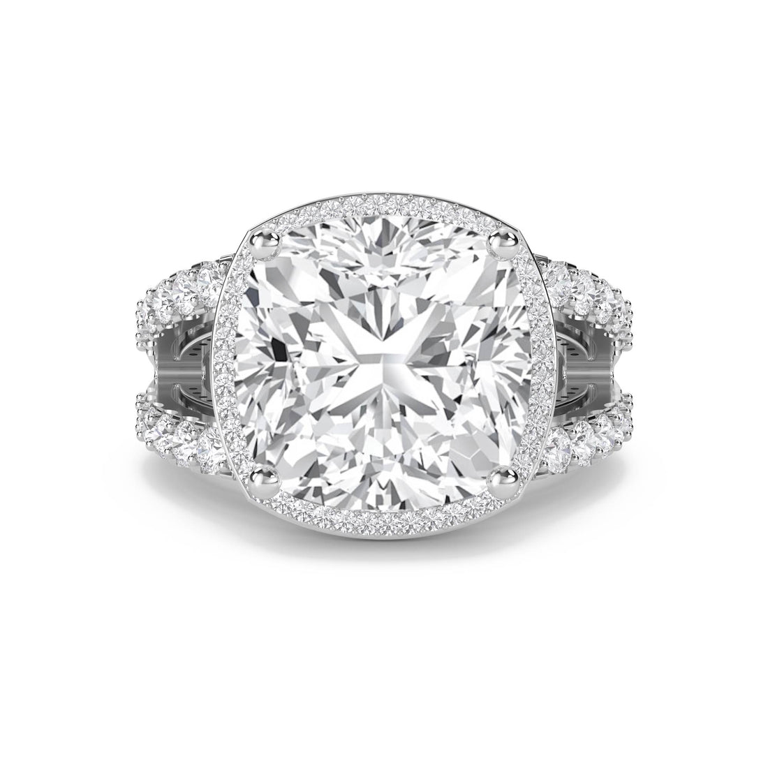 Cushion Cut Lab Grown Diamond Halo Ring with Double Pavé Shank (Silver)