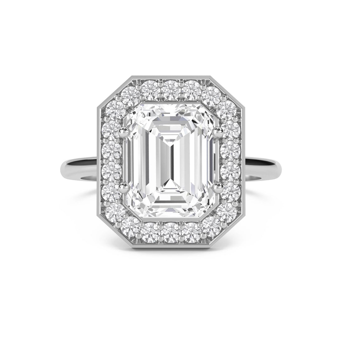 Emerald Cut Lab Grown Diamond Halo Ring, Classic Band