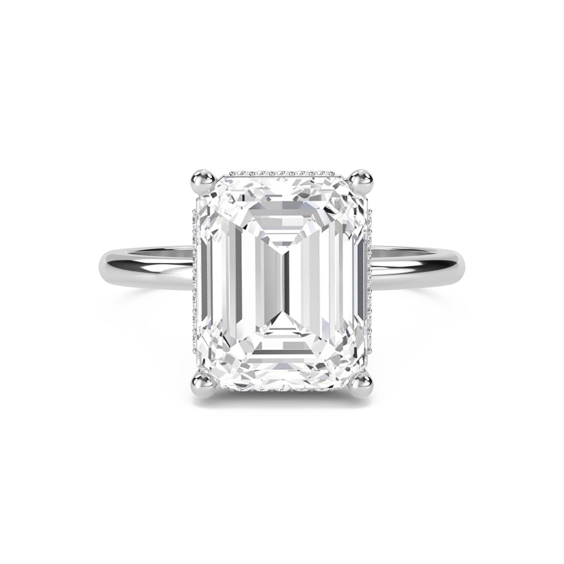 Emerald Cut Lab Grown Diamond Ring with Hidden Halo Pavé (Silver)