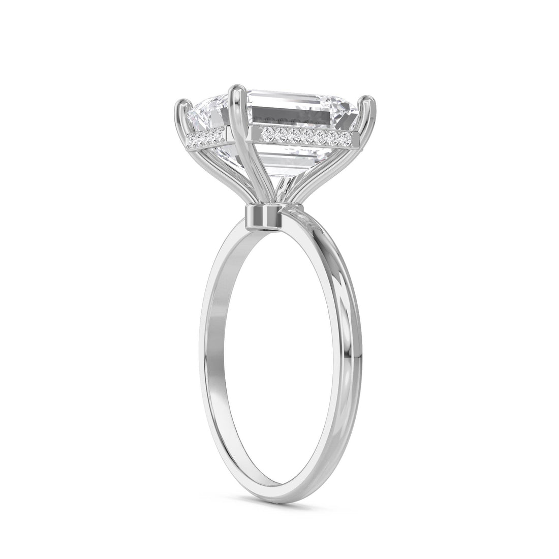Emerald Cut Lab Grown Diamond Ring with Hidden Halo Pavé (Silver)