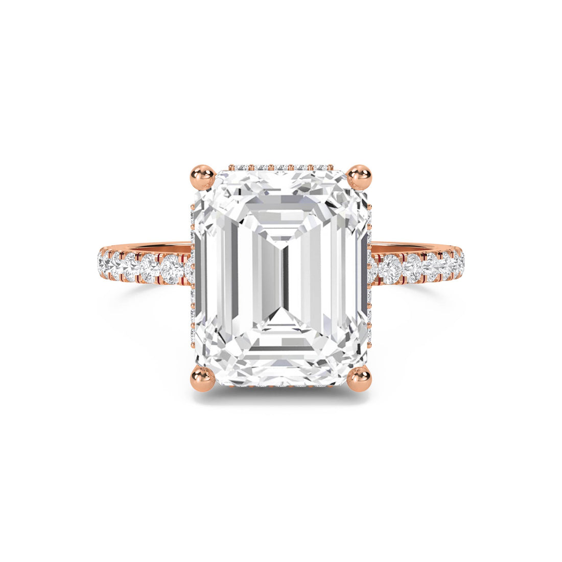 Emerald Cut Lab Grown Diamond Ring with Hidden Halo and Pavé Shoulders