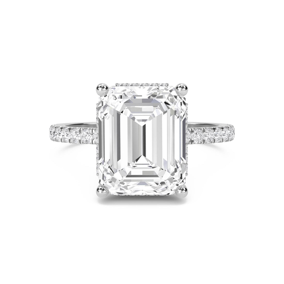 Emerald Cut Lab Grown Diamond Ring with Hidden Halo and Pavé Shoulders (Silver)