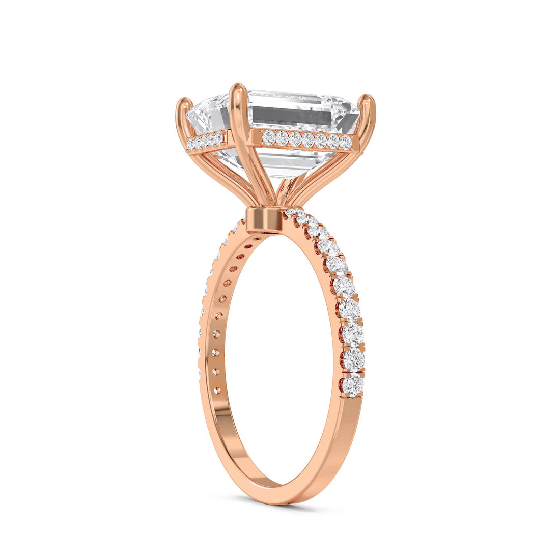 Emerald Cut Lab Grown Diamond Ring with Hidden Halo and Pavé Shoulders