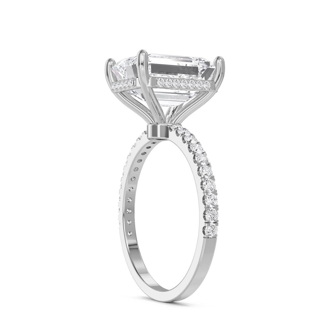 Emerald Cut Lab Grown Diamond Ring with Hidden Halo and Pavé Shoulders (Silver)