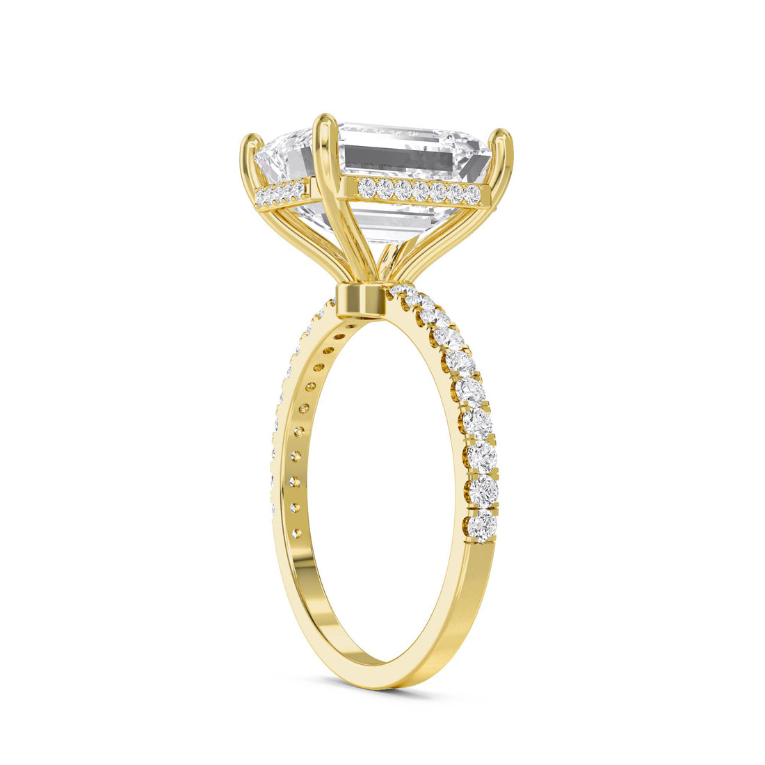 Emerald Cut Lab Grown Diamond Ring with Hidden Halo and Pavé Shoulders