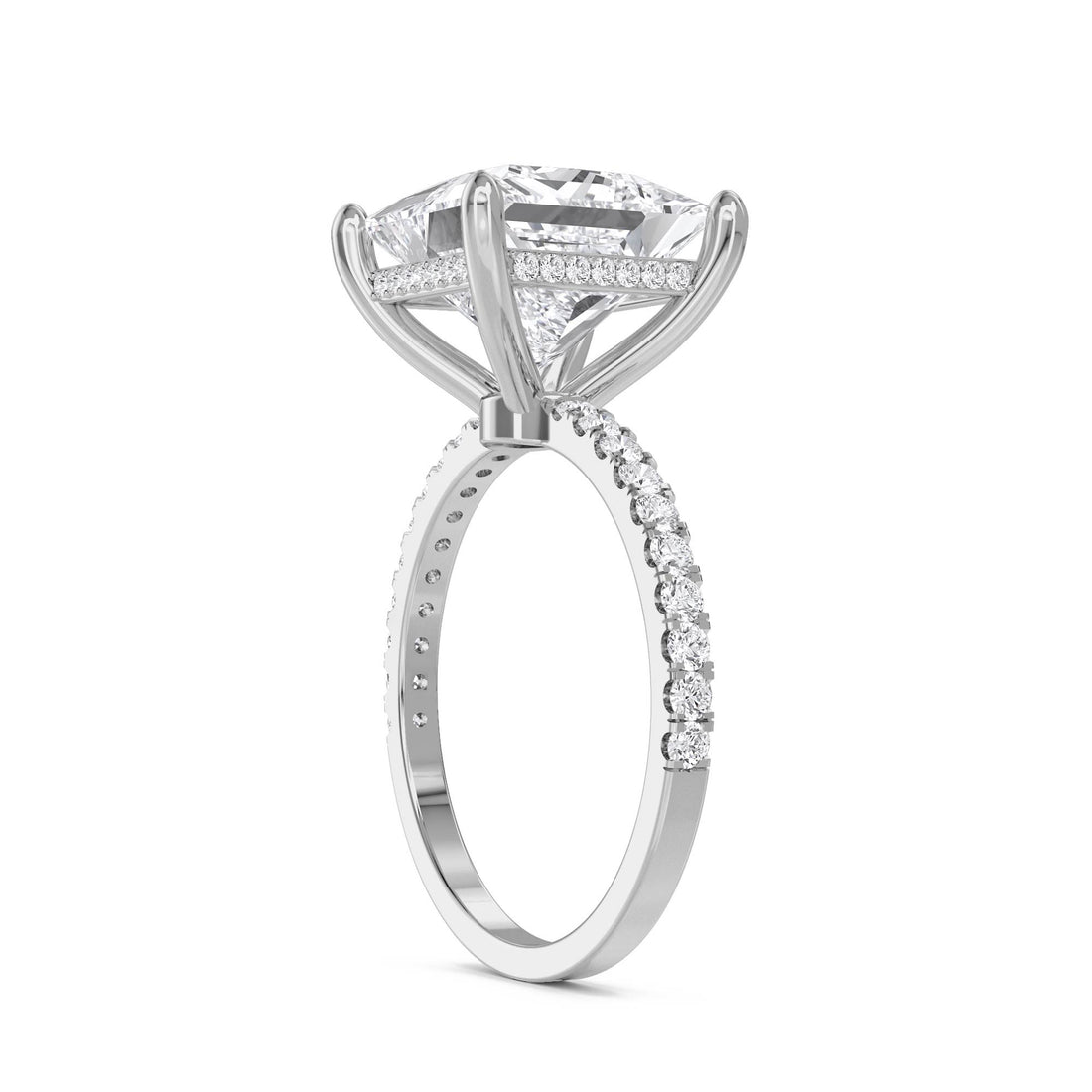 Princess Cut Lab Grown Diamond Ring with Hidden Halo Pavé Band (Silver)