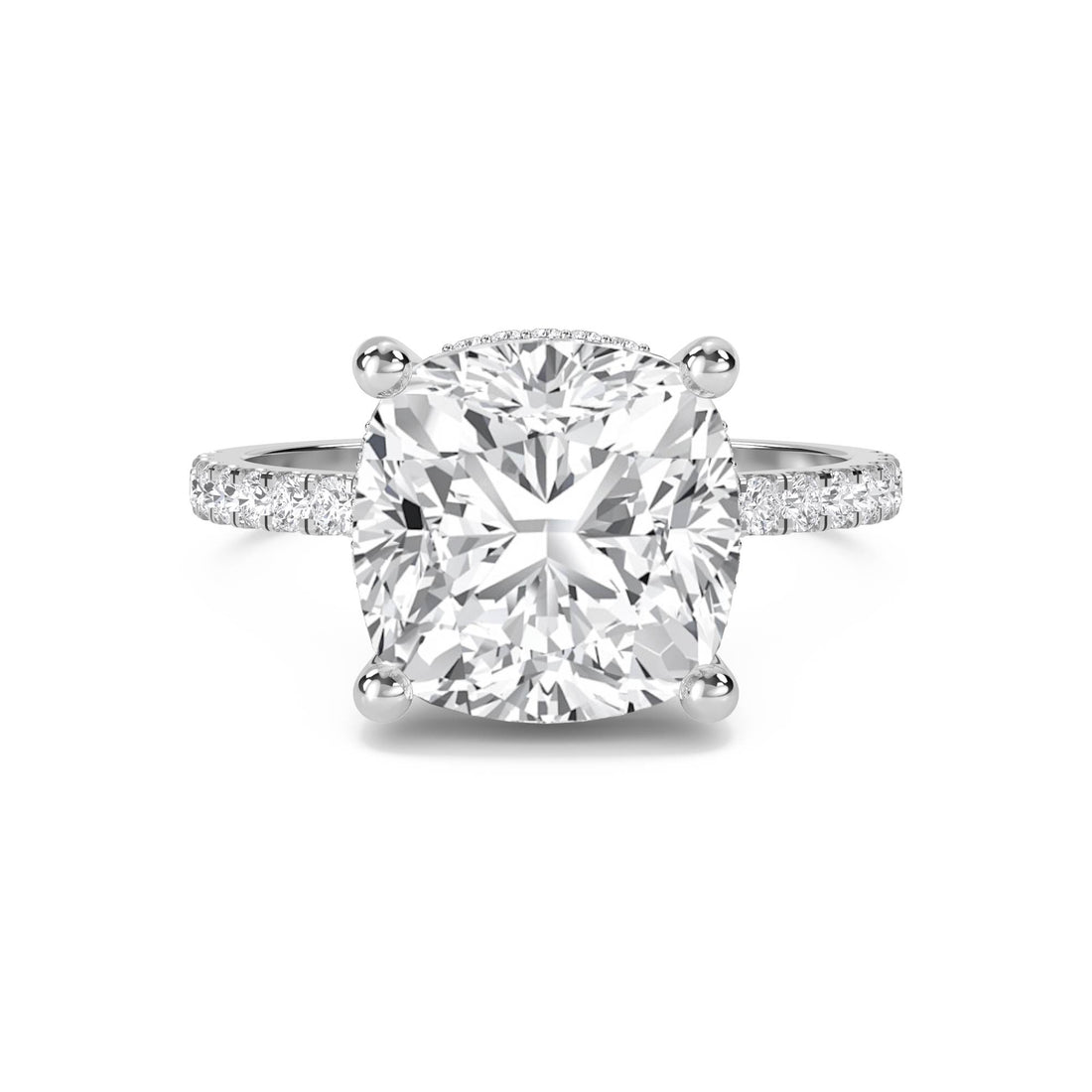 Cushion Cut Lab Grown Diamond Ring with Hidden Halo and Pavé Band