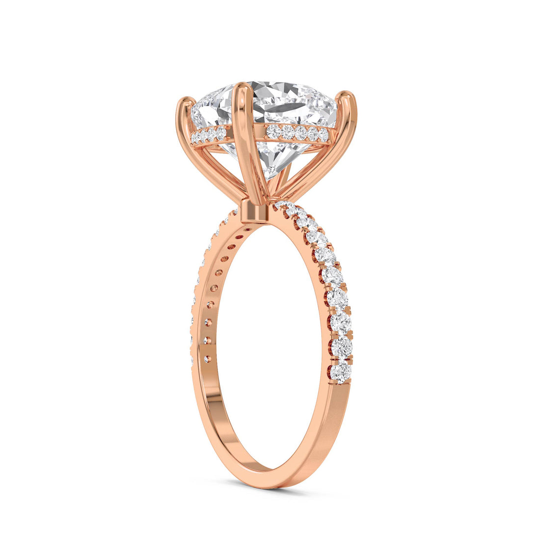 Cushion Cut Lab Grown Diamond Ring with Hidden Halo and Pavé Band
