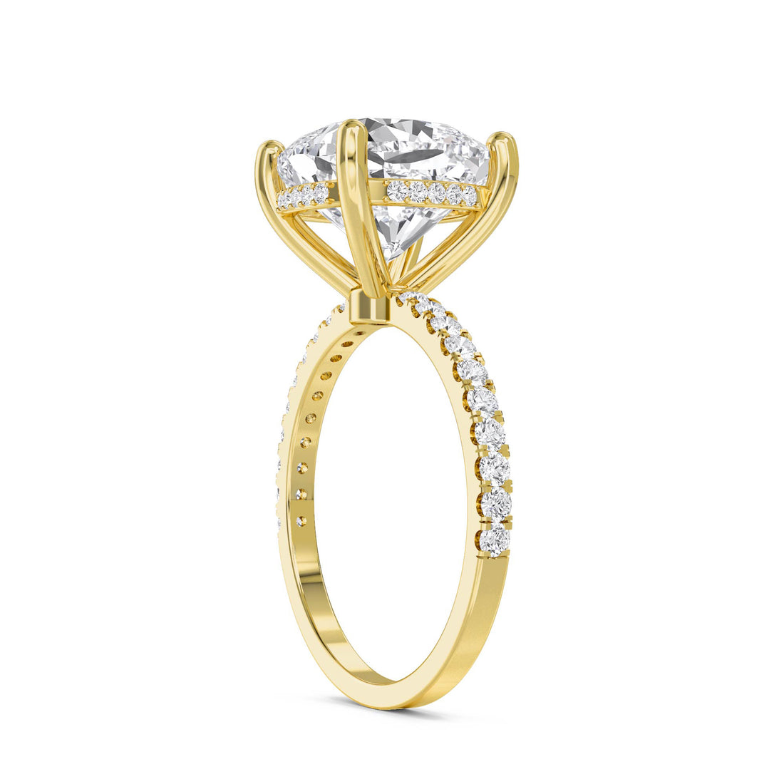 Cushion Cut Lab Grown Diamond Ring with Hidden Halo and Pavé Band